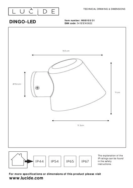 Lucide DINGO-LED - Applique murale Intérieur/Extérieur - LED Dim. - GU10 - 1x5W 3000K - IP44 - Blanc - technique
